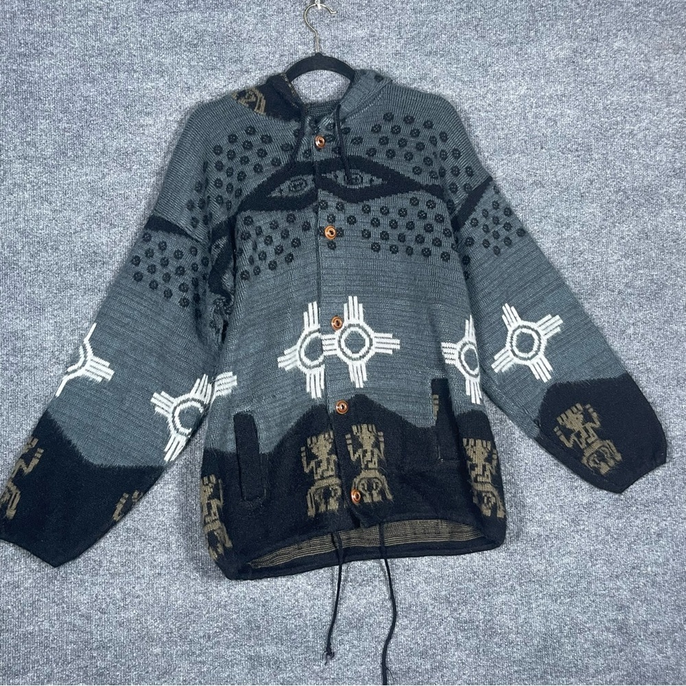 Vintage RUMINAHUI Men’s Large Blue‎ Aztec Wool Button Hooded Cardigan Sweater